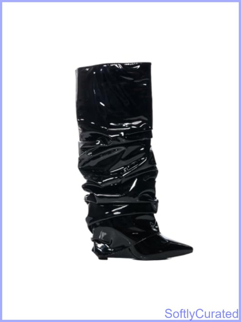 Patent Leather Wedge Knee High Boots Ruched Pointed Toe Slip-On